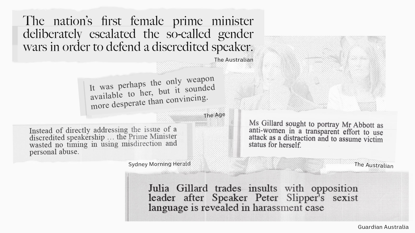 A black and white collage of media coverage of Julia Gillard's misogyny speech