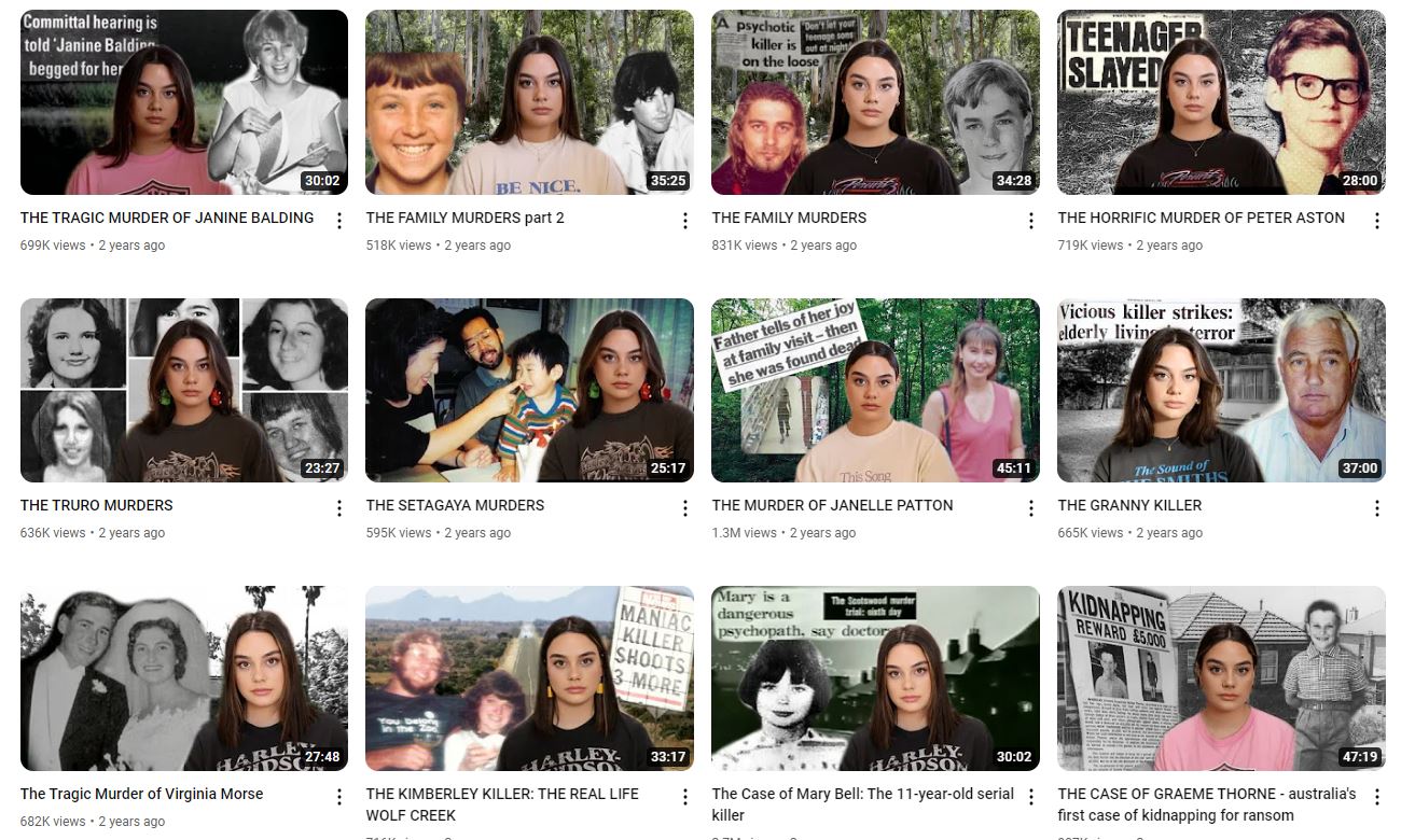 A screen shot of a YouTube creator's page shows 12 thumbnails, including one for the video of Janelle's episode