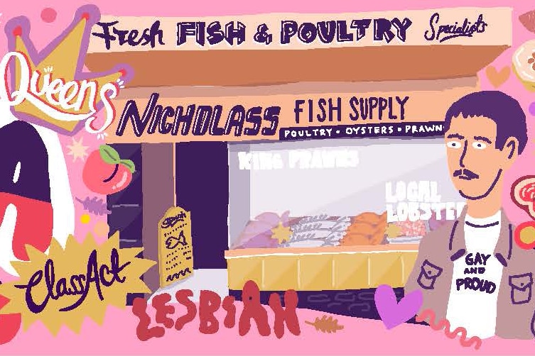 An illustration of a fish shop. 