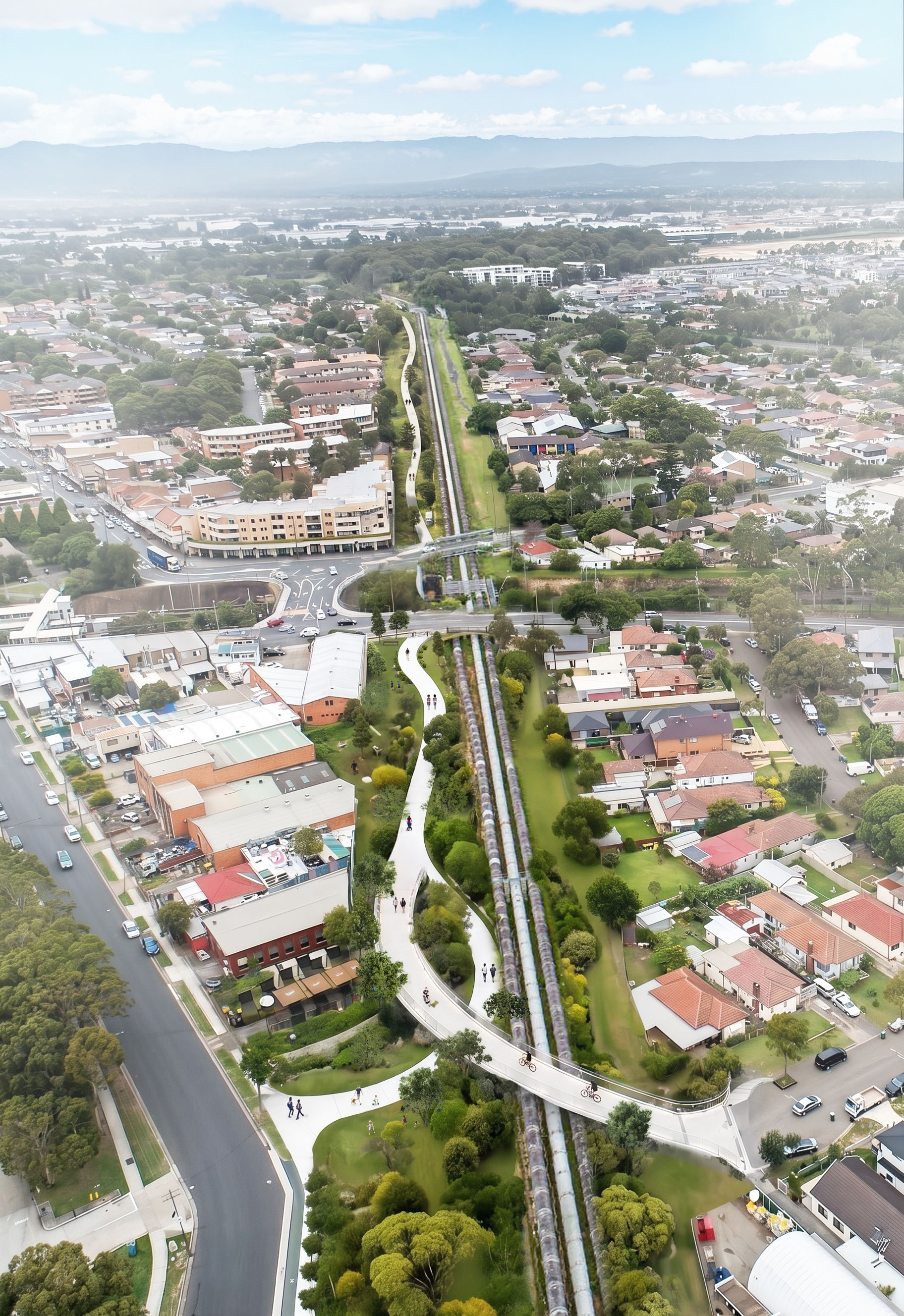 An artist's impression of walkways following an above ground water pipe running through a suburb.