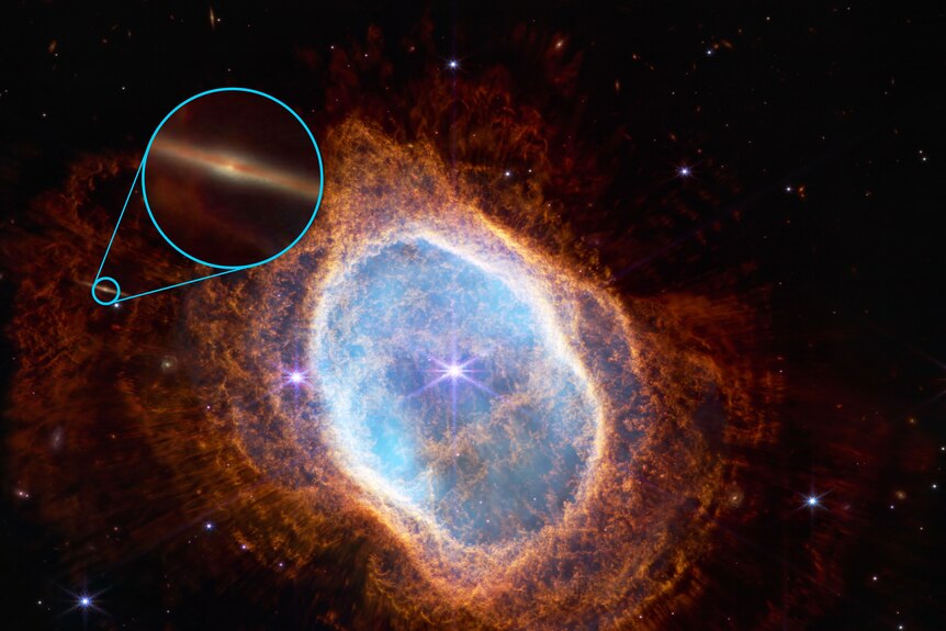 Southern ring nebula with an edge-on galaxy highlighted and magnified.