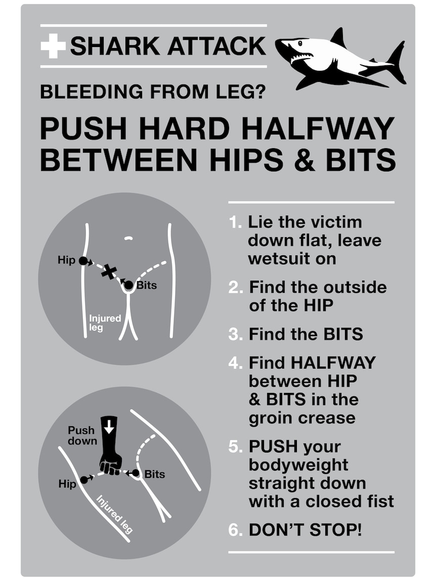 A proposed poster reading 'push hard halfway between hips and bits' with a shark image