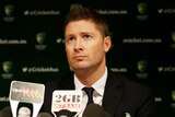 Michael Clarke speaks to the media before flying to South Africa
