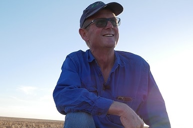 Man kneels in paddock, smiling off-camera with a field of new canola sprouting behind him