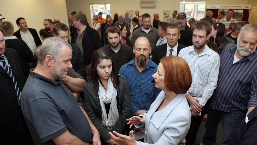 Prime Minister Julia Gillard meets locals at a power industry cafe during her visit to the Latrobe Valley