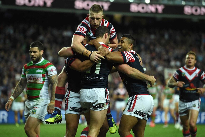 Roosters celebrate Boyd Cordner's try against South Sydney