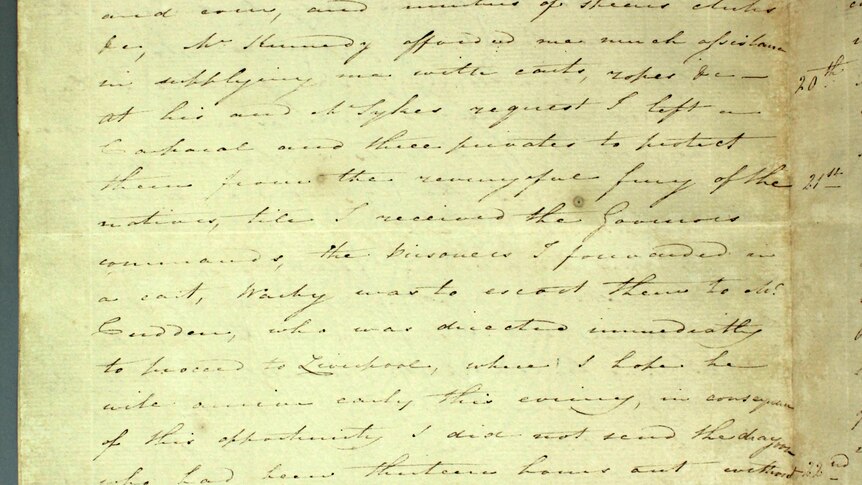 Page three of an account of the 1816 massaacre at Appin from Captain James Wallis.