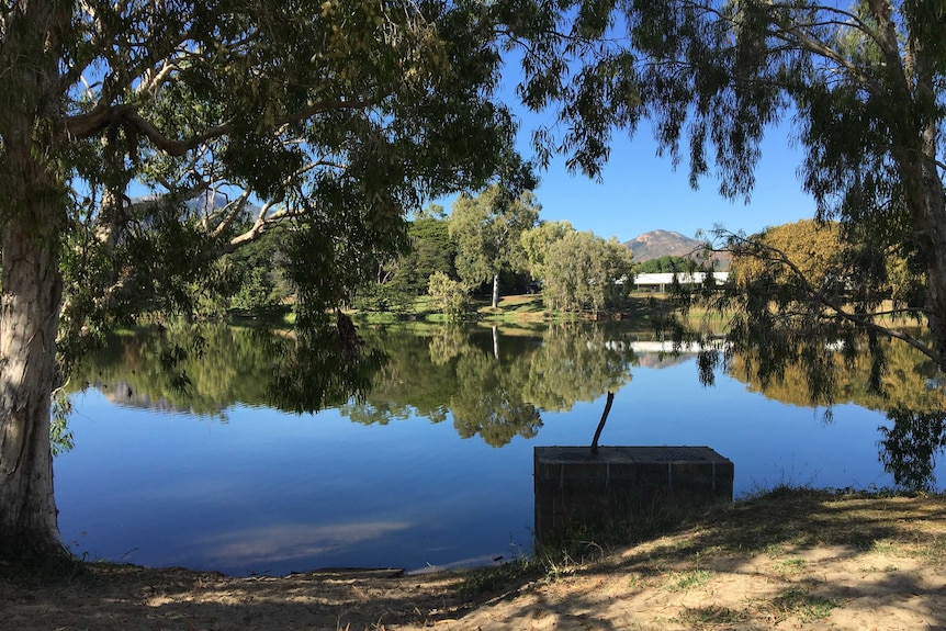 Still water of Ross River surrounded by trees of a park in Townsville.