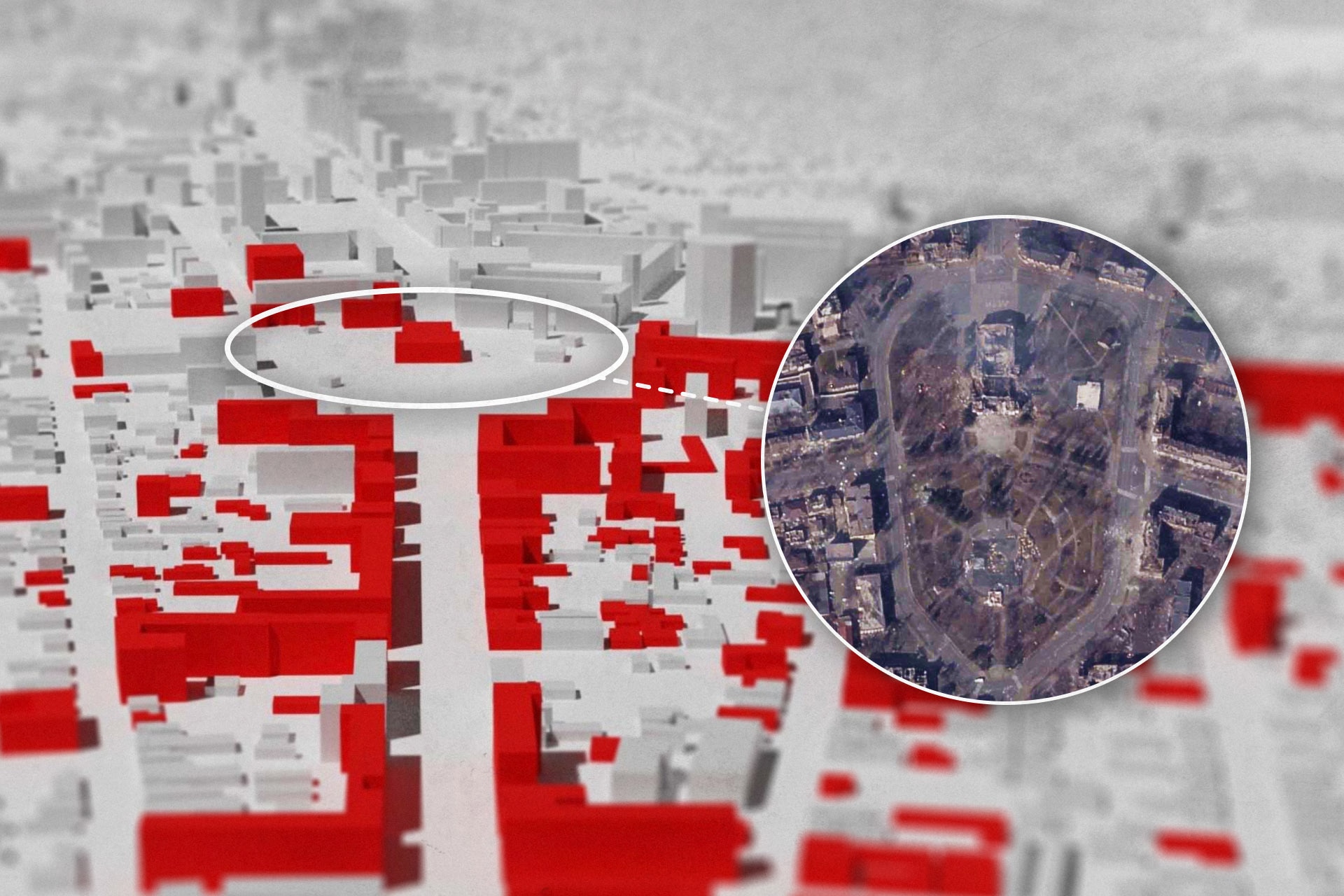 A map of building footprints in Mariupol. Damage buildings are highlighted in red.