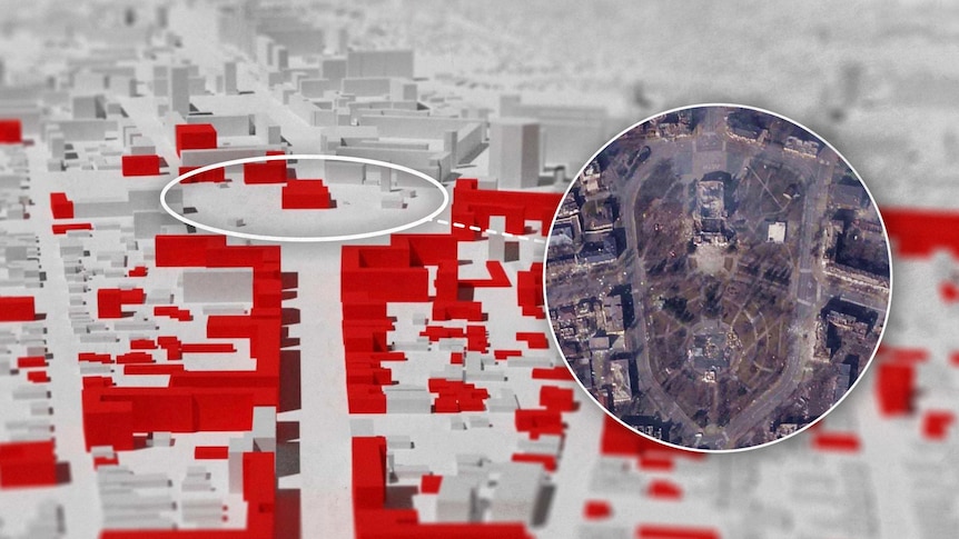 A map of building footprints in Mariupol. Damage buildings are highlighted in red.