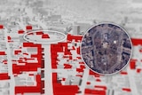 A map of building footprints in Mariupol. Damage buildings are highlighted in red.