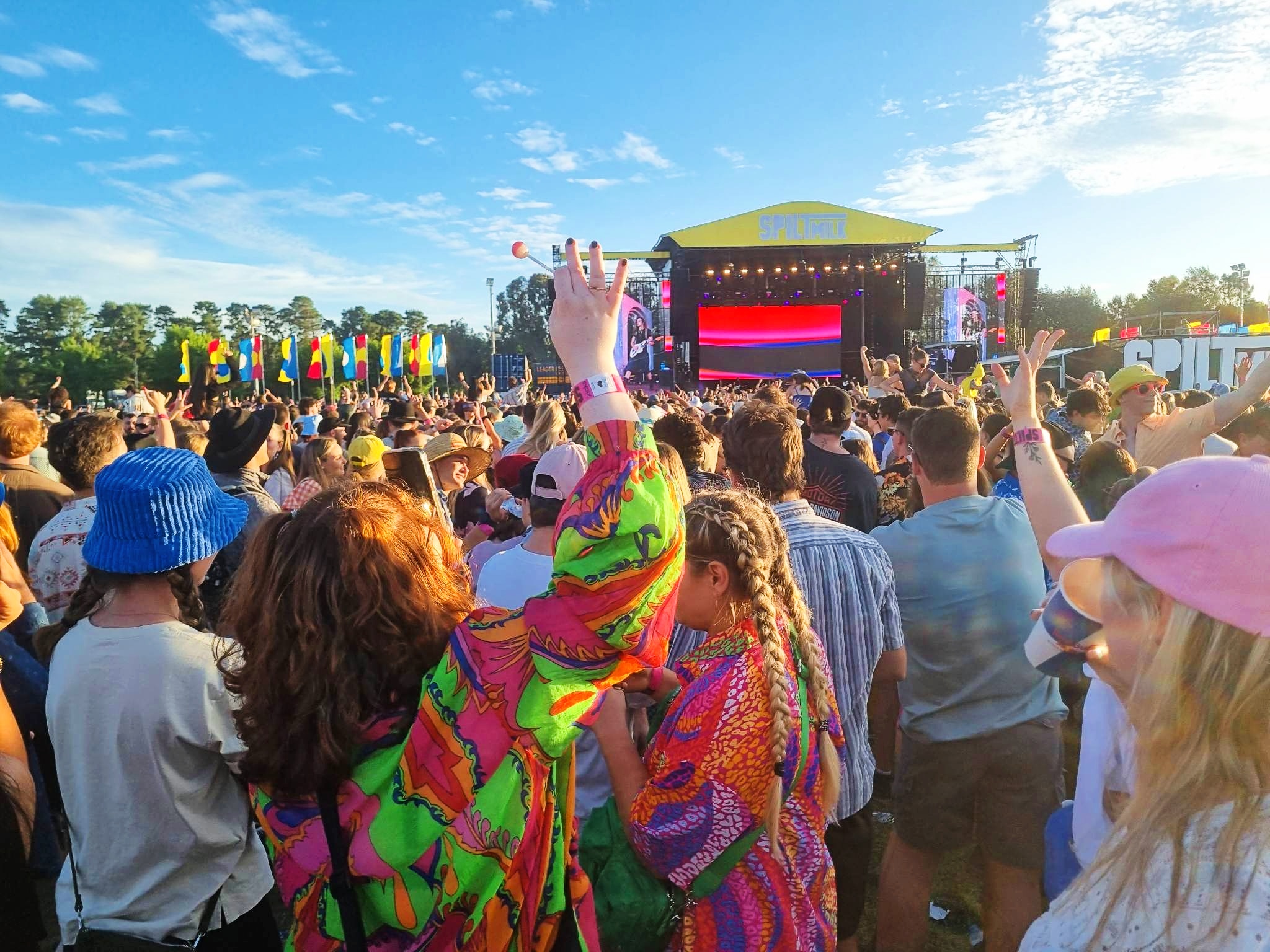 A woman with her hand up in a crowd at a musical festival. 
