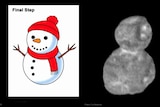A slide with a clear picture of Ultima Thule, which looks like two balls stuck together, next to a cartoon snowman.