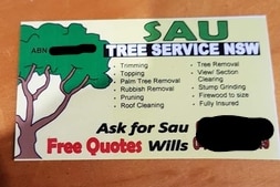 A business card for Sau Tree Services.