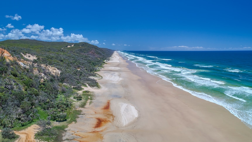 Aerial shot of the east coast of K'gari (Fraser Island).