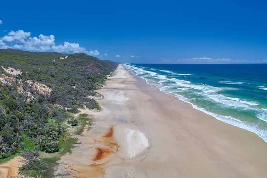 Aerial shot of the east coast of K'gari (Fraser Island).