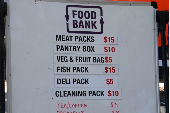 A Foodbank menu written on a whiteboard