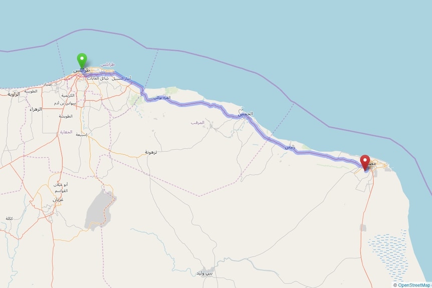 A blue line shows the  distance between Tripoli and Misrata Airport on the Libyan coast.