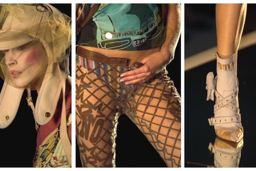 A triptych of catwalk moments: a model in a hat and mesh veil, fishnet stockings, studded heels