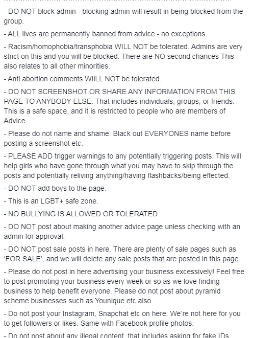 Some of the rules for posting and being a member of the Advice page.