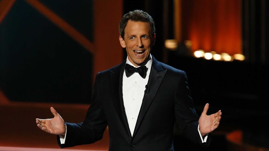 Host Seth Meyers speaks onstage during the 66th Primetime Emmy Awards in Los Angeles, California August 25, 2014.