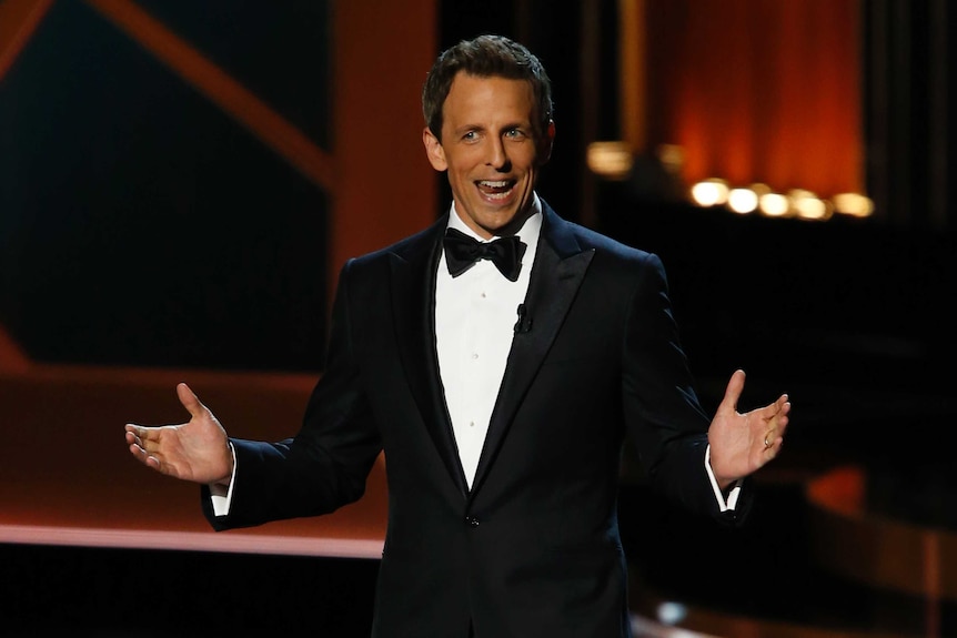 Host Seth Meyers speaks onstage during the 66th Primetime Emmy Awards in Los Angeles, California August 25, 2014.