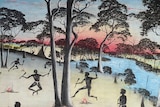A paiting with vivid colours, blue river, black trees, Indigenous people dancing around fire, pink sky over horizon.