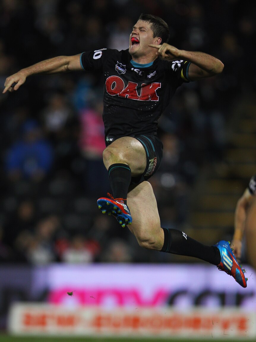 Match winner ... Lachlan Coote celebrates kicking the decisive field goal