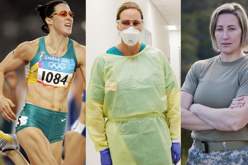 three images of a woman as an athlete, doctor and army training