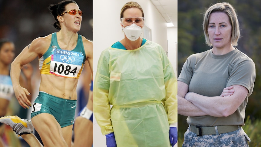 three images of a woman as an athlete, doctor and army training