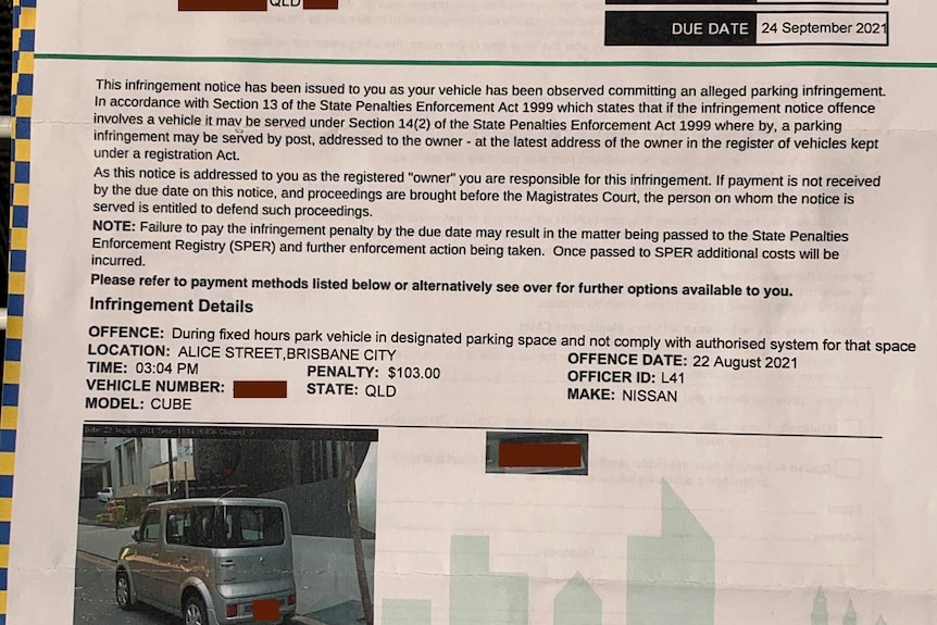 A redacted parking fine issued by Brisbane council.