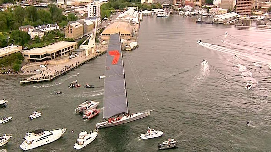 Wild Oats XI moments after it crossed the finish line of the Sydney to Hobart yacht race.