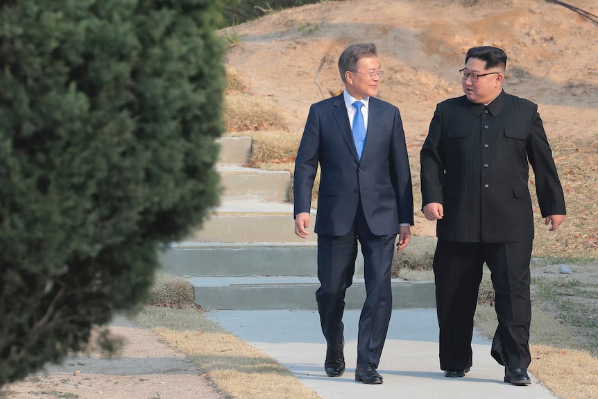 North Korean leader Kim Jong Un and South Korean President Moon Jae-in walk side by side near a row of trees.
