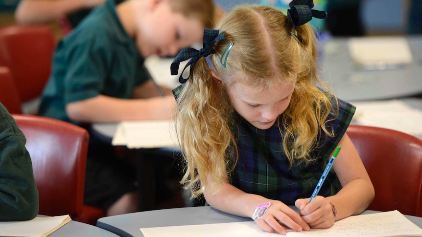 A primary school student writes at her desk.