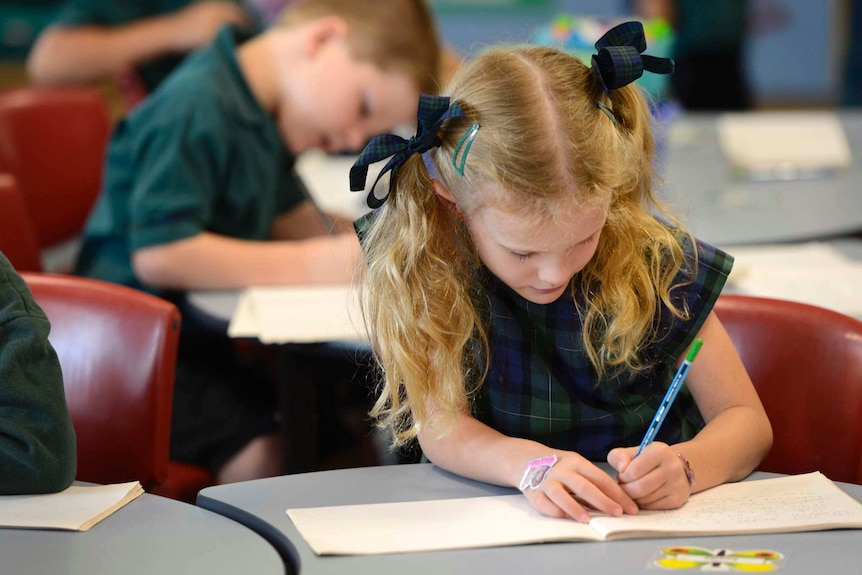 A primary school student writes at her desk.