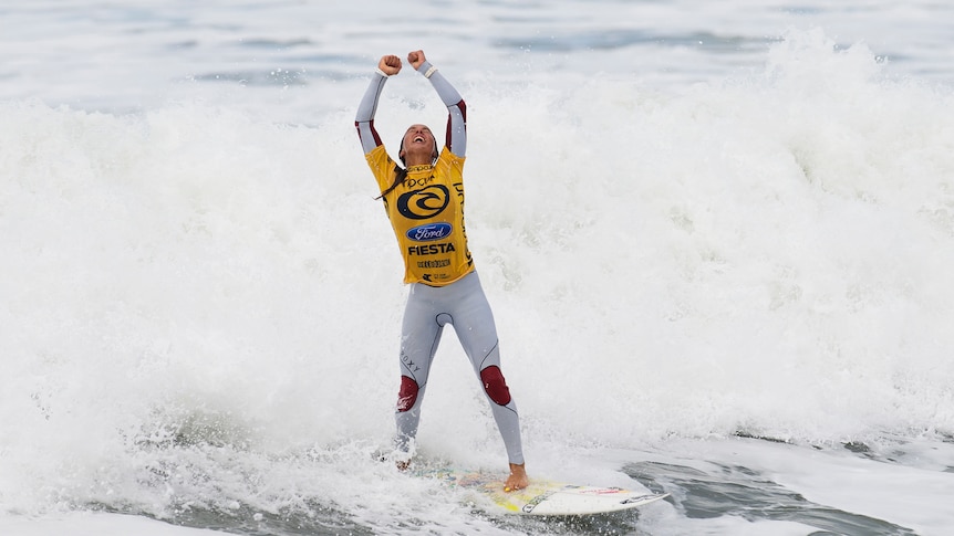 Moment of victory ... Sally Fitzgibbons reacts after clinching her second consecutive title at Bells Beach