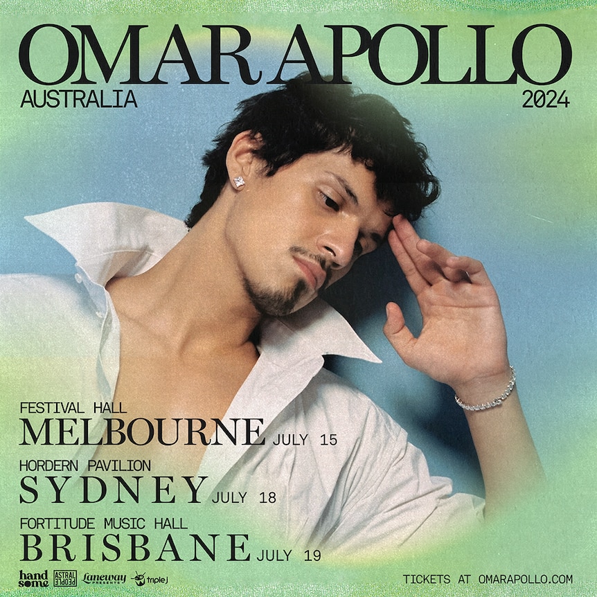 Blue and green poster for Omar Apollo's Australian tour with a photo of him in the centre and black text
