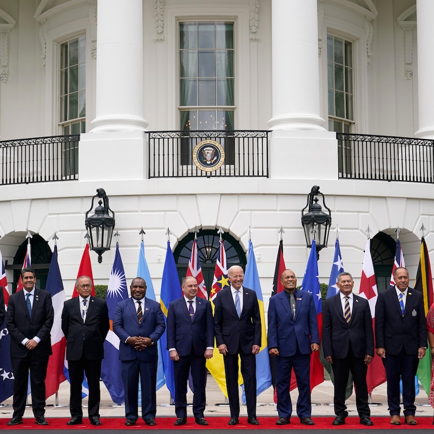 Pacific Island nation leaders pose for a group photograph in front of the White House. 