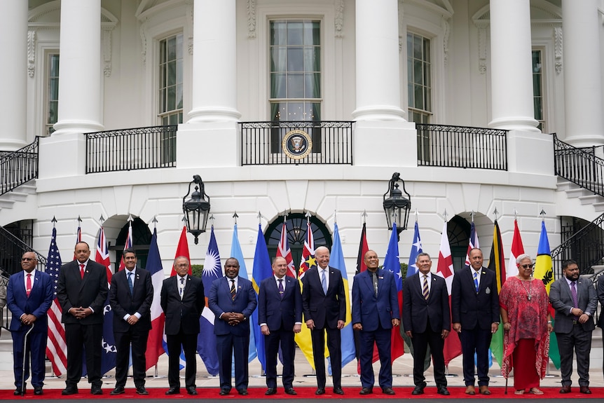 Pacific Island nation leaders pose for a group photograph in front of the White House. 