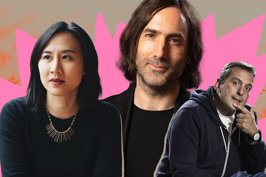 Three writers - Celeste Ng, Paul Lynch and Christos Tsiolkas- pink background