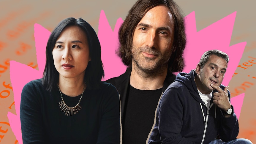 Three writers - Celeste Ng, Paul Lynch and Christos Tsiolkas- pink background