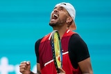 Nick Kyrgios screams and looks up to the sky