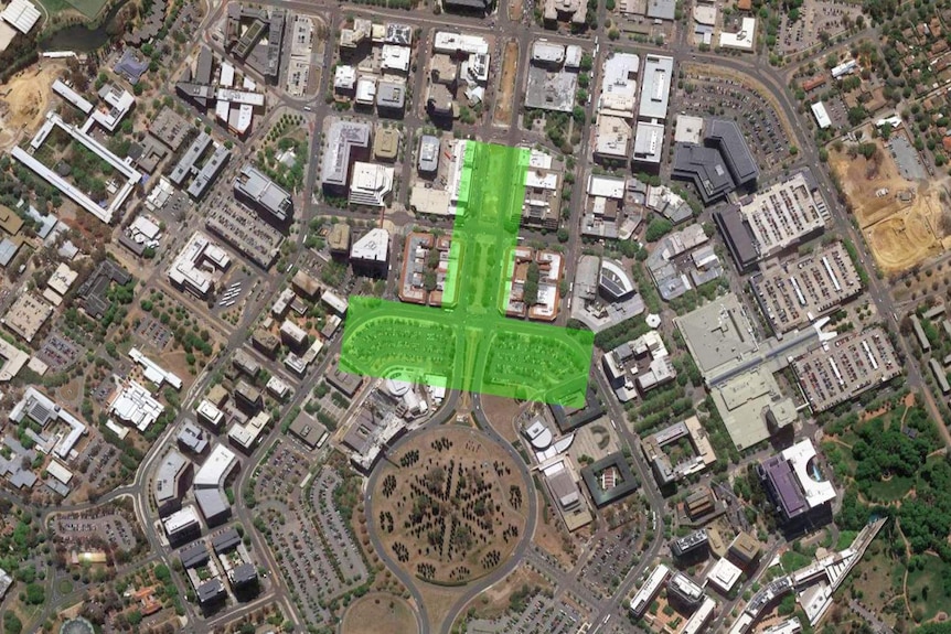 An overhead map of Canberra's city centre with two sites earmarked for revelopment.