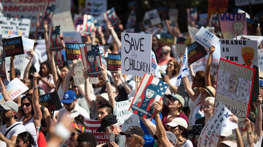 Activists hold protest signs during a rally