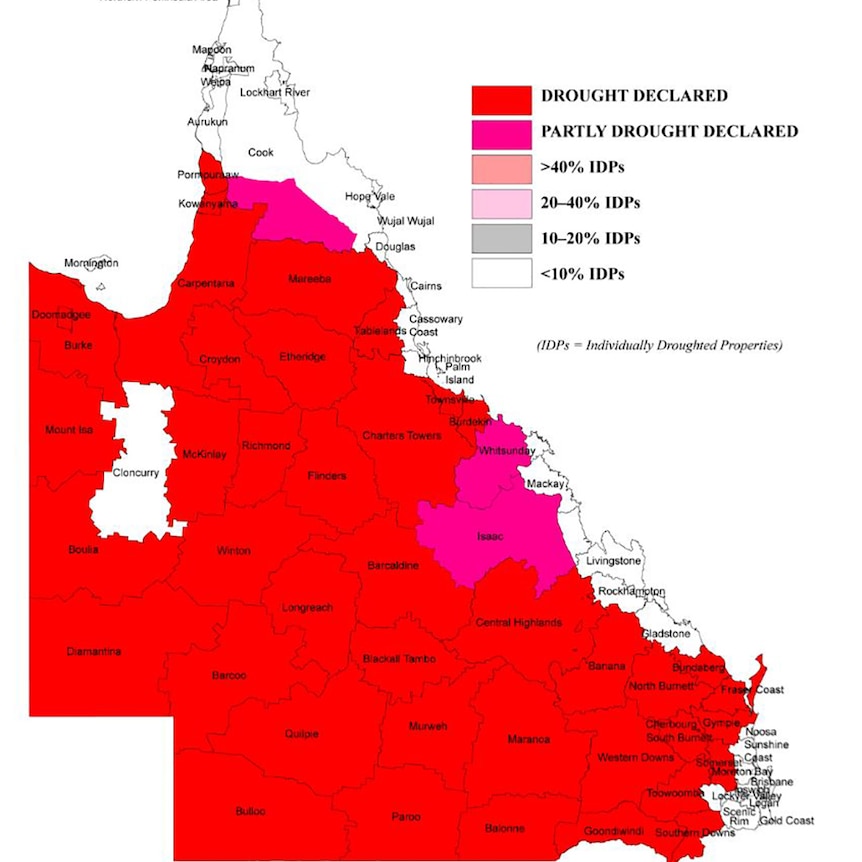 More than 87 per cent of Queensland is officially in drought