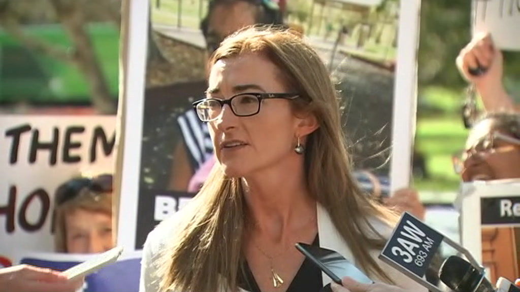 Lawyer Carina Ford speaks to media as demonstrators hold placards behind her.