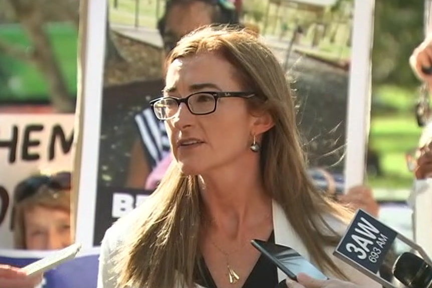 Lawyer Carina Ford speaks to media as demonstrators hold placards behind her.