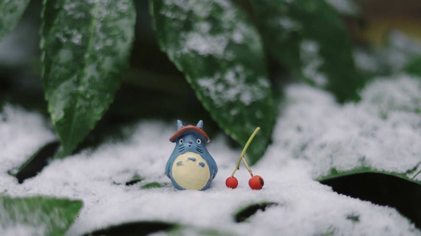 A small blue figurine sitting in the white snow in front of a holly bush.