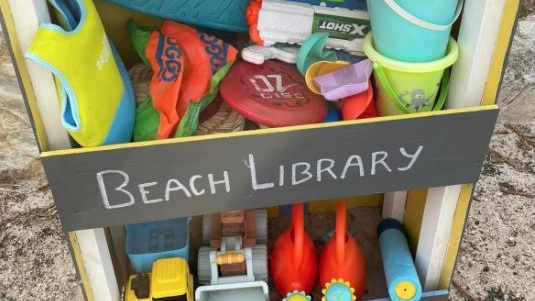beach equipment on shelves in a wooden box with a sign saying 'beach library'