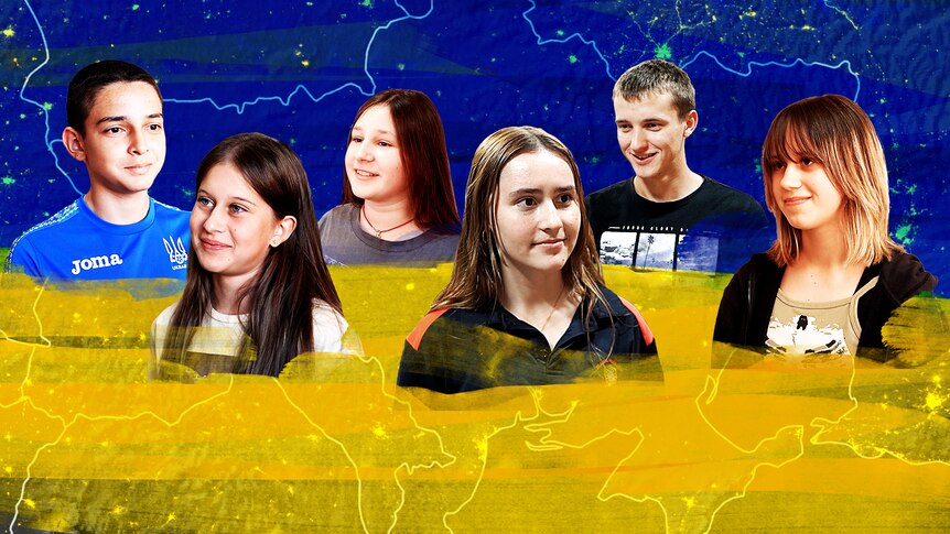 Collage of children who spoke in the story against a illustration of the Ukrainian flag.